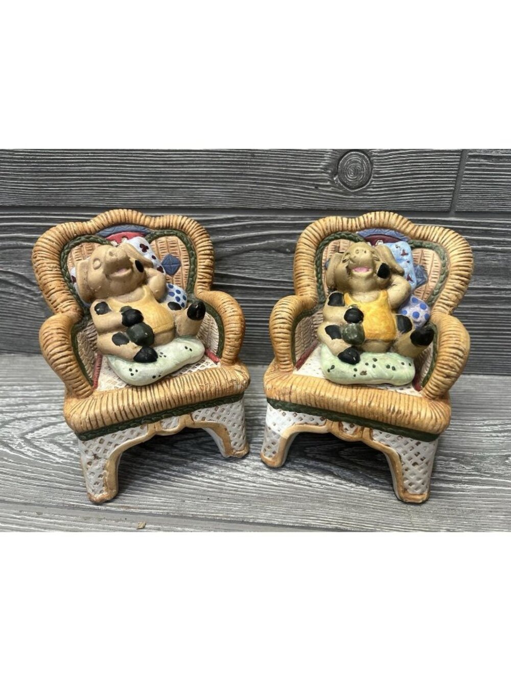 Vintage Pair of Kitschy Ceramic Lounging Pigs with Bottles Wicker Look Chairs